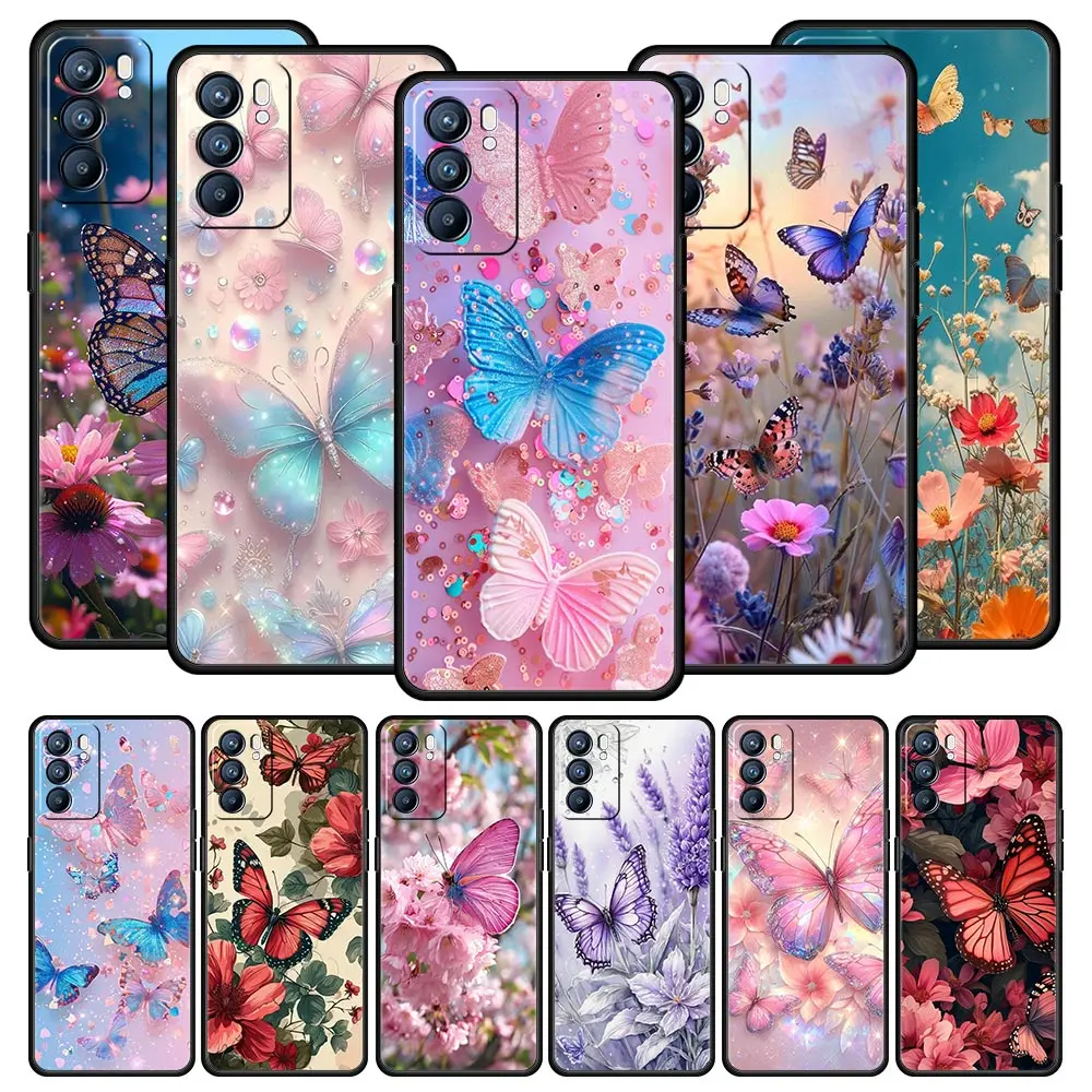 Funda de teléfono para Oppo Reno13 Reno12 Reno11 F Reno10 Pro A54 A53 A95 A76 A74 A57 A98 A80 A79 5G A78 4G funda floral y mariposa
