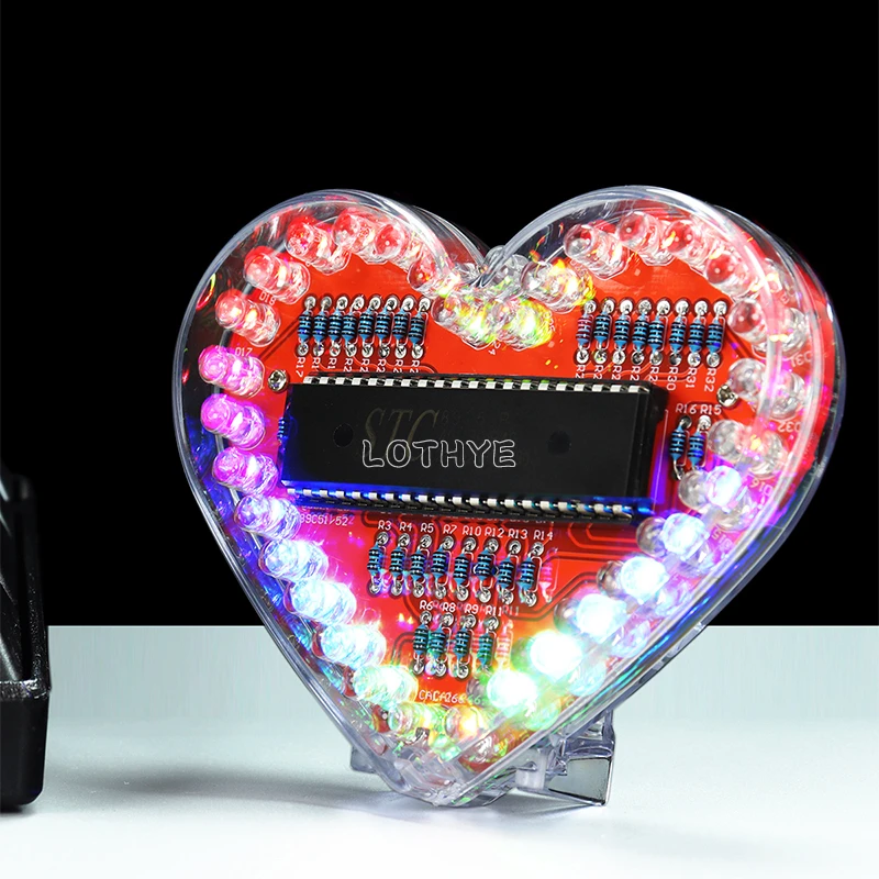 Kit de soldadura DIY en forma de corazón con luz de agua corriente colorida RGB, placa de circuito LED de amor, soldadura escolar, tablero de práctica DIY - imagen 2