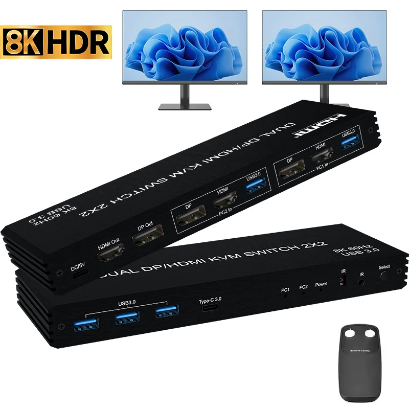 Conmutador KVM Displayport HDMI 8K 2x2 4K @ 120Hz Monitor Dual HDMI DP USB3.0 interruptor 2 en 2 salidas pantalla extendida compartir teclado ratón