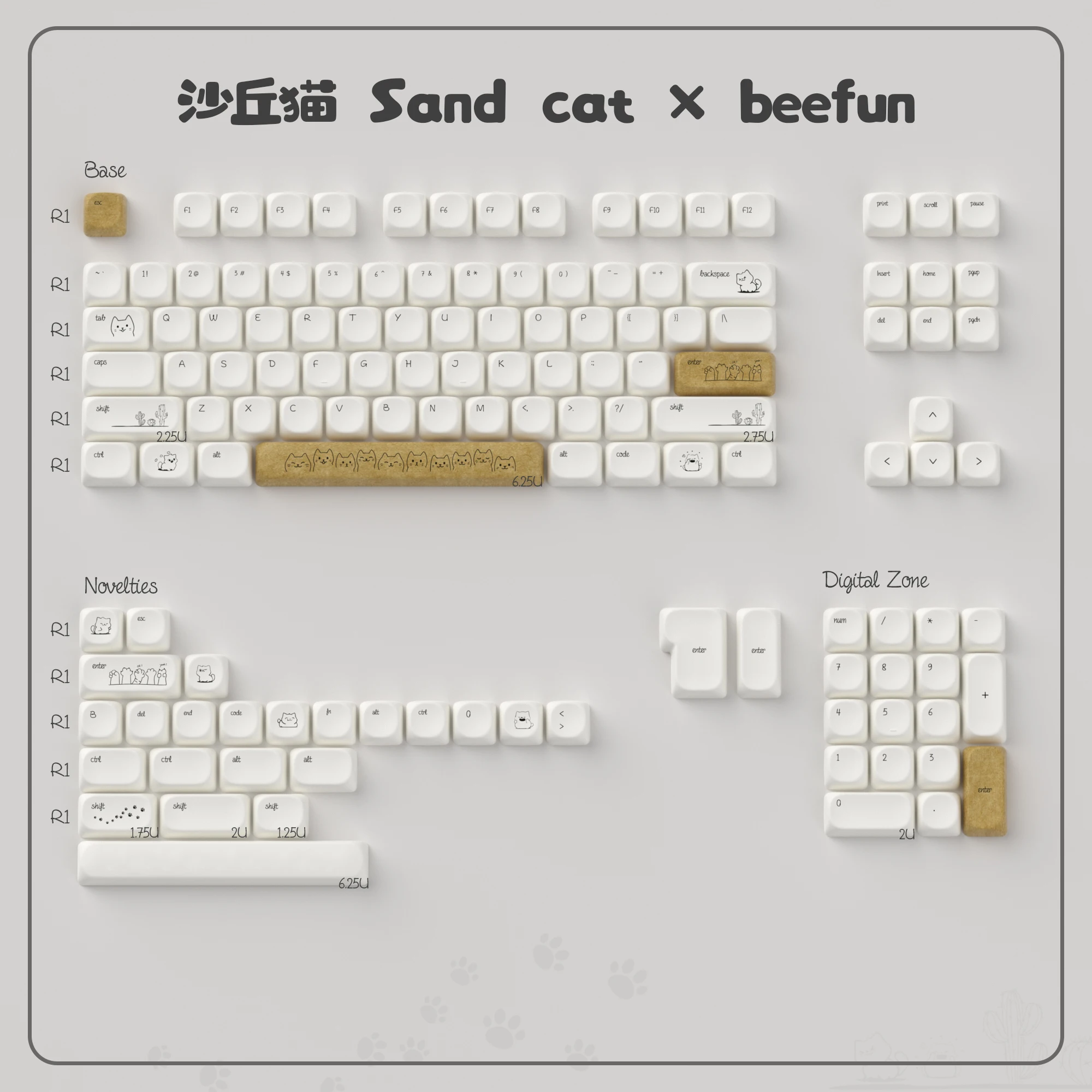 Teclas de gato de arena, teclas PBT, teclas MOA sublimadas de tinte, color blanco, bonitas teclas de fuente pequeña para teclado mecánico MX 61/64/68/96