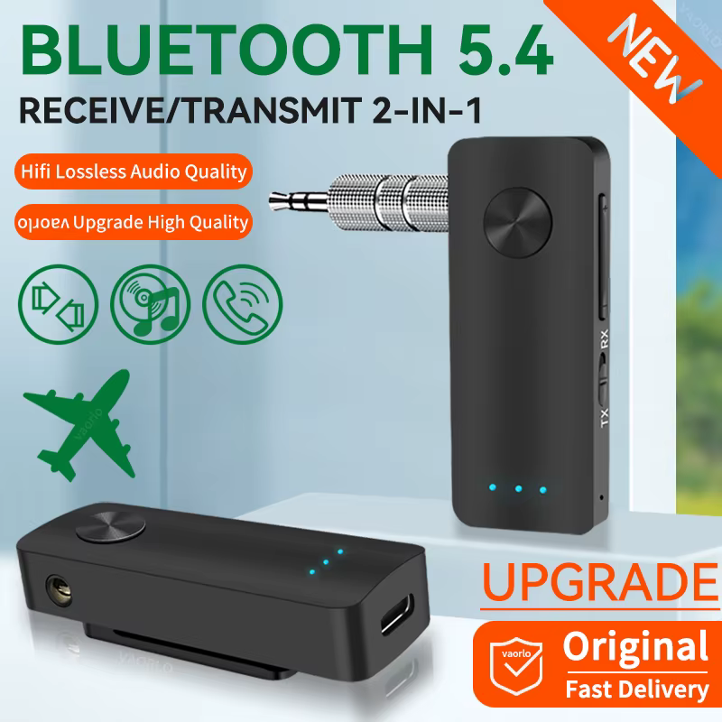 Receptor y transmisor de audio Bluetooth 5.4 2 en 1, adaptador inalámbrico de música estéreo con conector auxiliar de 3,5 mm y USB para coche, avión, TV, PC, auriculares y altavoces