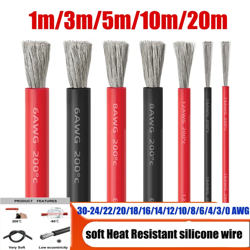 Cable de silicona suave 0 4 6 8 10 12 14 16 18 20 AWG Cable eléctrico para Dron Auto modelo de coche batería Solar iluminación LED electrónica