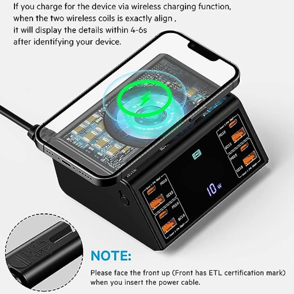 Estación de carga USB de 100W y 8 puertos con pantalla Digital de carga inalámbrica QC3.0 carga rápida para iPhone 15 14 13 Xiaomi - imagen 4