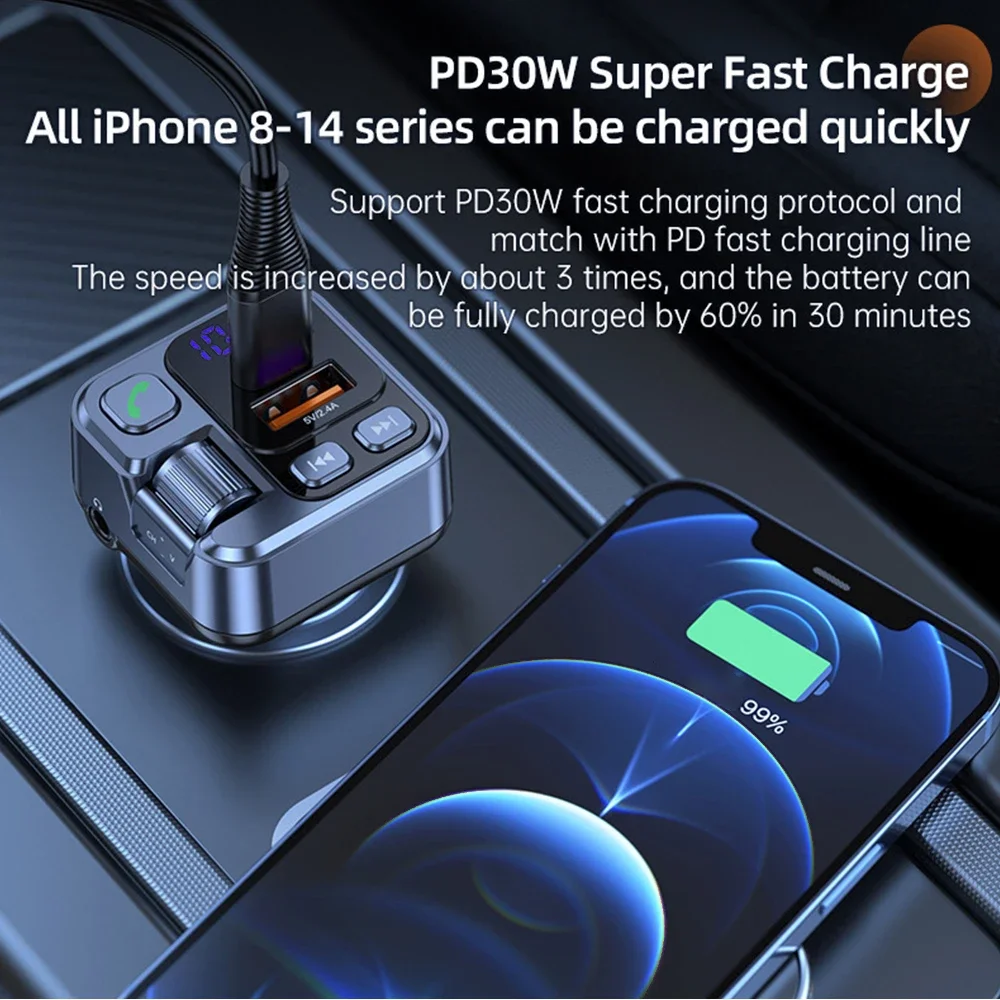 Transmisor FM Bluetooth 5,1 para coche, reproductor de música estéreo MP3, manos libres, Kit inalámbrico auxiliar de 3,5mm para coche, cargador rápido PD USB-C de 30W - imagen 3