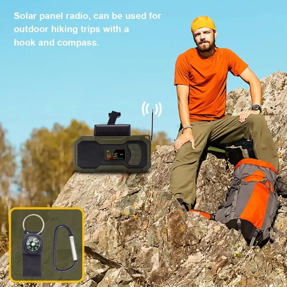 Radio de emergencia con sonido, manivela portátil multifuncional, Radio Solar, altavoces inalámbricos Bluetooth 5,0, AM/FM, Banco de energía de 5000mAh - imagen 3