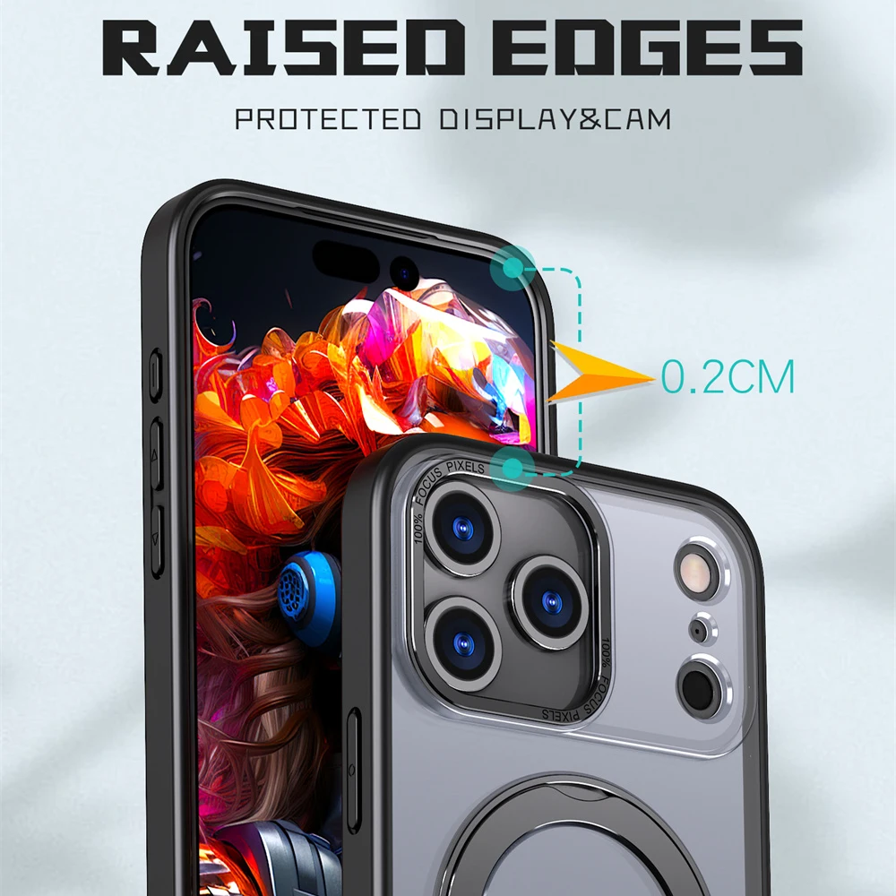 Funda de teléfono con soporte plegable y anillo magnético giratorio de lujo para iPhone 17 Air 15 16 Pro Max 14 13 12 11, Protector de lente, cubierta acrílica transparente - imagen 5