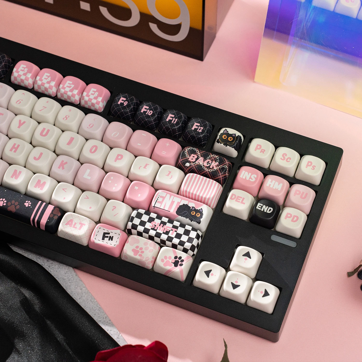 Dulce Cool Cat Keycap MOA perfil negro rosa 134 teclas redondas lindas gorras de bola PBT sublimación térmica teclas de teclado mecánico