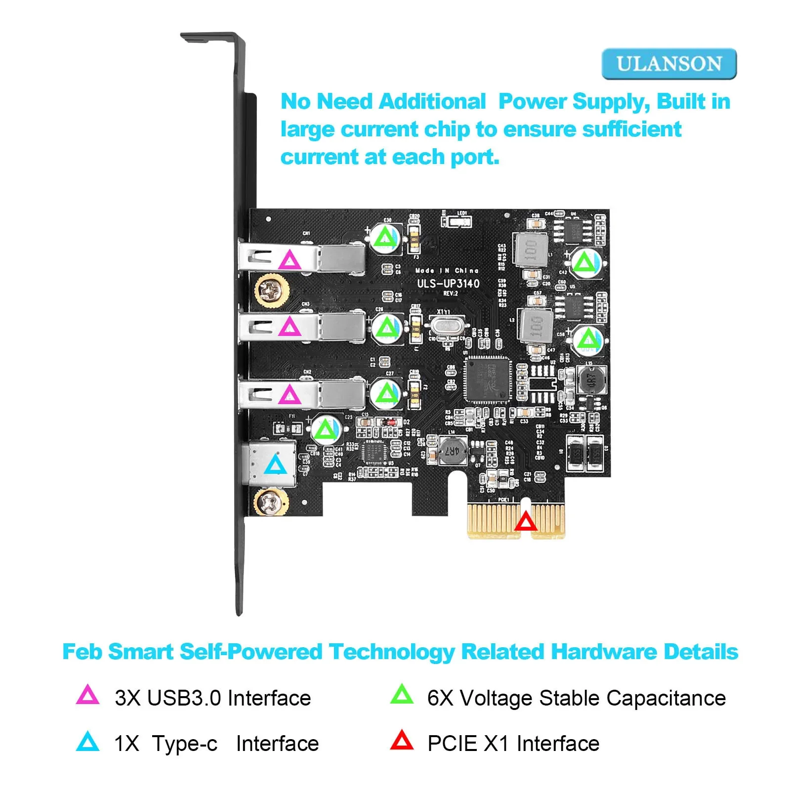 Para computadora de escritorio PCIE a USB 3,0 3 puertos + tarjeta de expansión tipo c 1 puerto sin adaptador de fuente de alimentación externa tarjeta convertidora - imagen 5