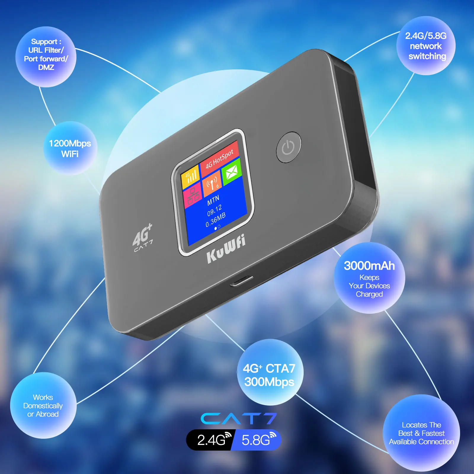 Enrutador KuWFi CAT7 4G LTE 1200Mbps 2,4G/5G velocidad WiFi única bolsillo portátil 4G + módem móvil 3000mAh Plug & Play compatible con 10 usuarios - imagen 5