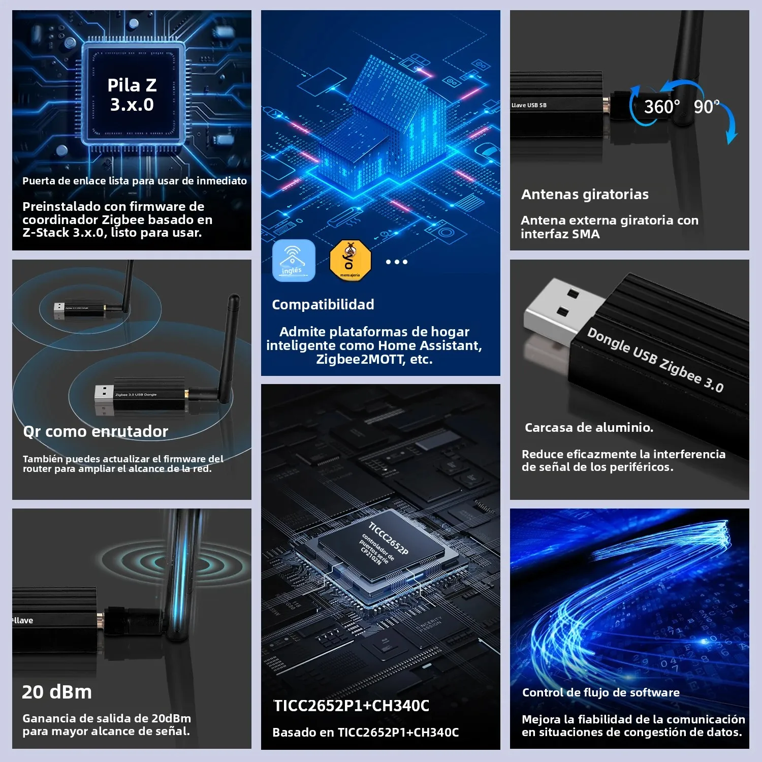Zigbee 3,0 USB Dongle Universal inalámbrico Zigbee Gateway Hub automatización del hogar soporte asistente doméstico Zigbee2MQTT, OpenHAB, Raspbian - imagen 5