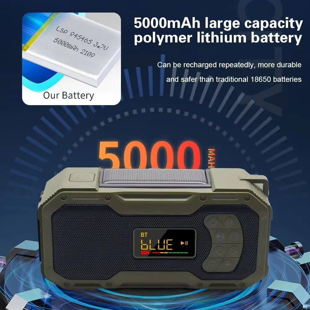 Radio de emergencia con sonido, manivela portátil multifuncional, Radio Solar, altavoces inalámbricos Bluetooth 5,0, AM/FM, Banco de energía de 5000mAh - imagen 4
