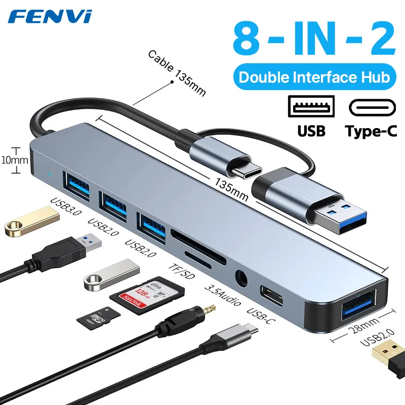 Fvi-concentrador USB tipo C 3,0, 8 en 2 puertos, acoplamiento USB 3,0/2,0, Multi Adaptador SD, lector de tarjetas TF, extensor de Audio