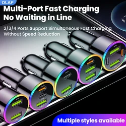 Cargador de coche de 2/3/4 puertos, carga súper rápida, 60W, USB tipo C, cargador de teléfono para coche para iPhone, Samsung, Huawei, Xiaomi, luz nocturna de Color