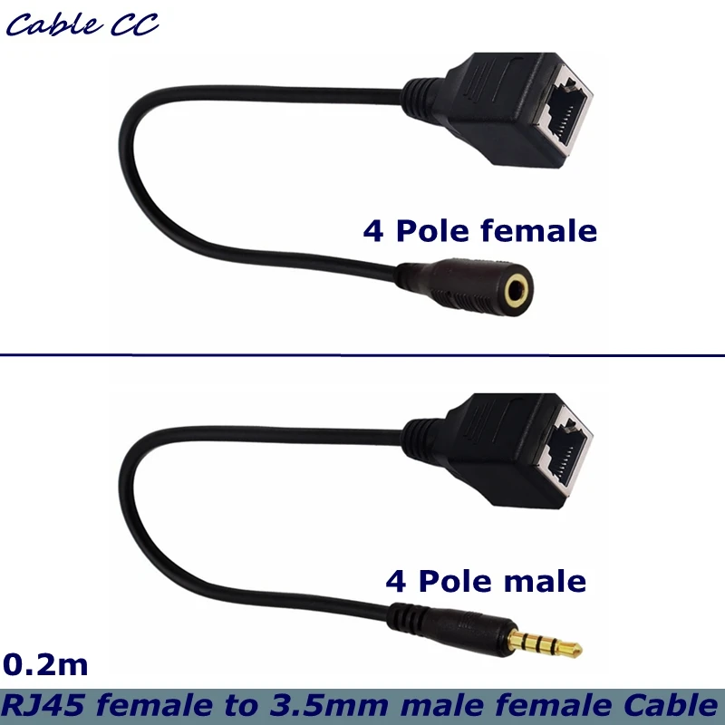 0,2 m 4-Pole DC 3,5mm Jack macho y hembra TRS Audio a RJ45 hembra Socket Ethernet Cable adaptador se utiliza alrededor de la computadora