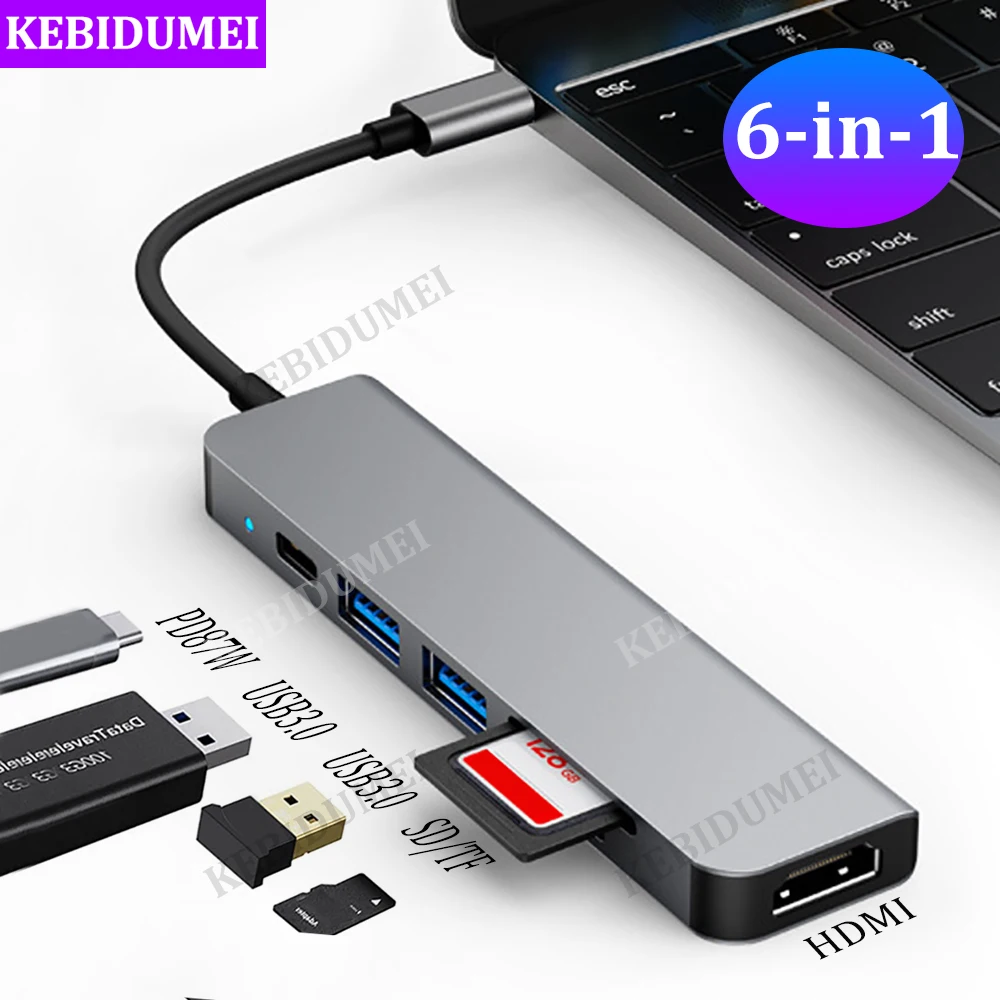 Estación de acoplamiento USB C 6 en 1, concentrador USB 3,0, concentrador USB C 4K tipo C a HDMI, adaptador divisor USB OTG para PC, portátil, Macbook Pro