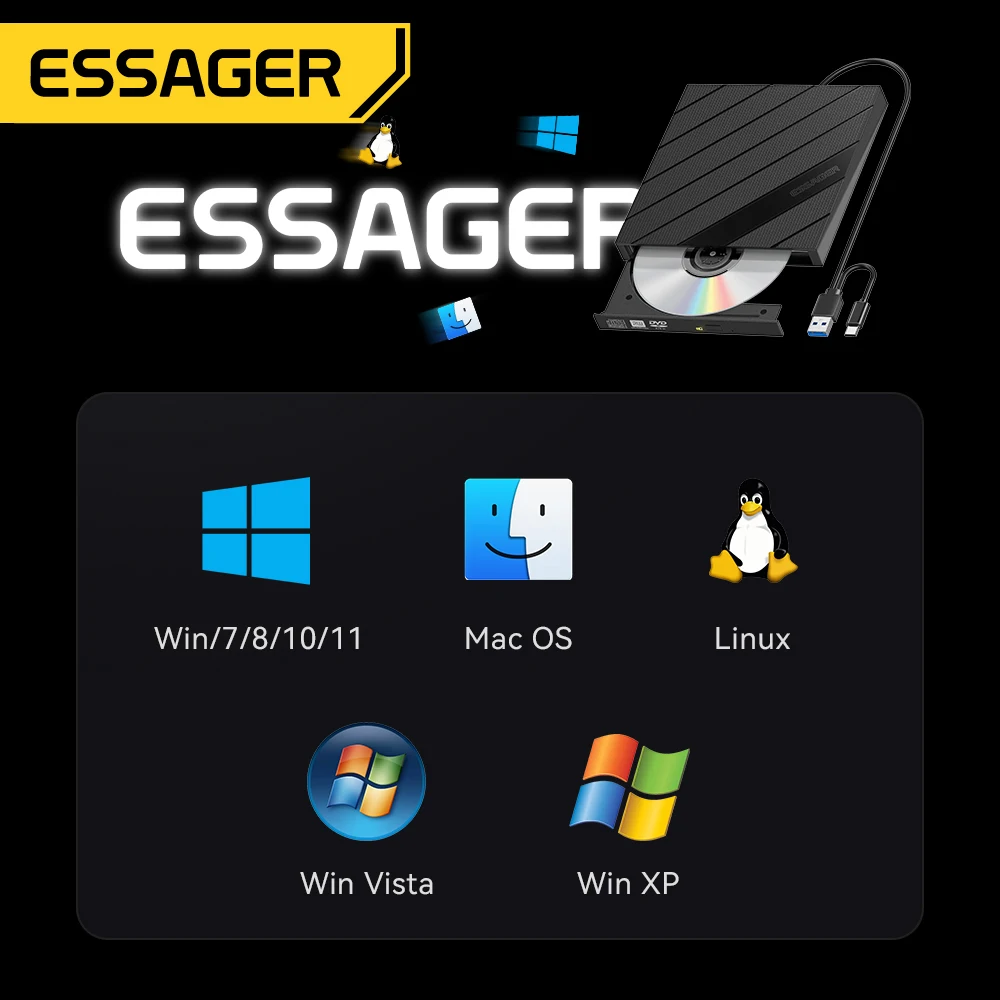 Essager unidad externa de CD/DVD RW lectura 24X 8X Burn USB 3,0 tipo C controlador enchufe gratis para ordenador portátil Linux portátil con almacenamiento de cables - imagen 4