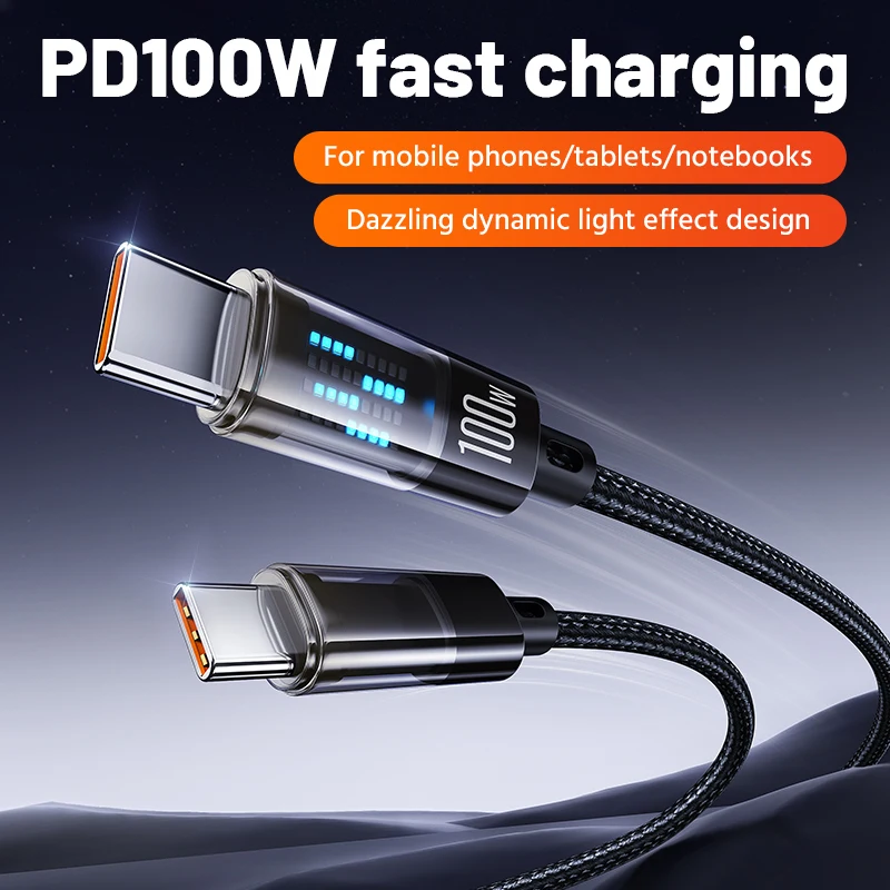 Cable de datos de carga súper rápida de 100W 6A tipo C a tipo C Cable trenzado con indicador LED para Samsung OnePlus Xiaomi OPPO Huawei