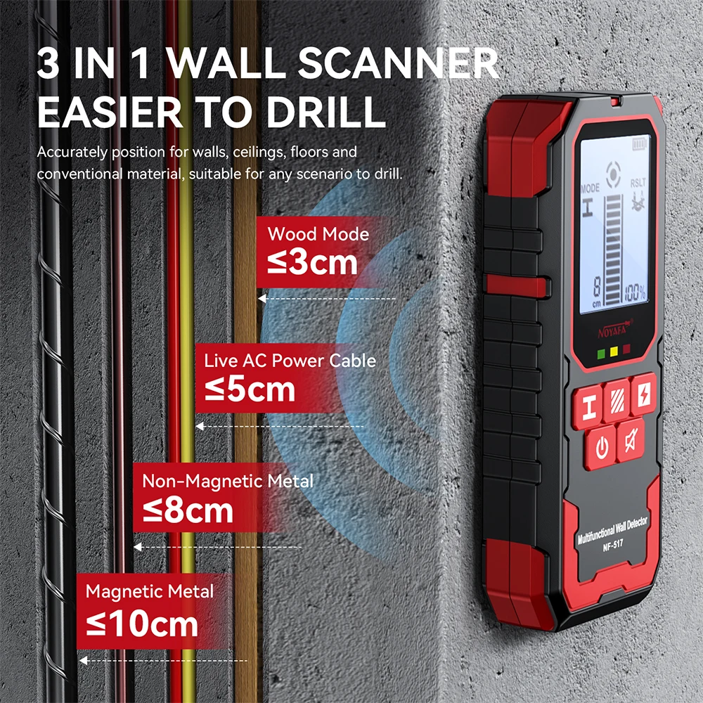 NOYAFA Escáner de pared Detector de metales 3 en 1 NF-517 Pantalla LCD Detector de pared Buscador de vigas Metal/Cable vivo de CA/Rastreador de madera - imagen 4