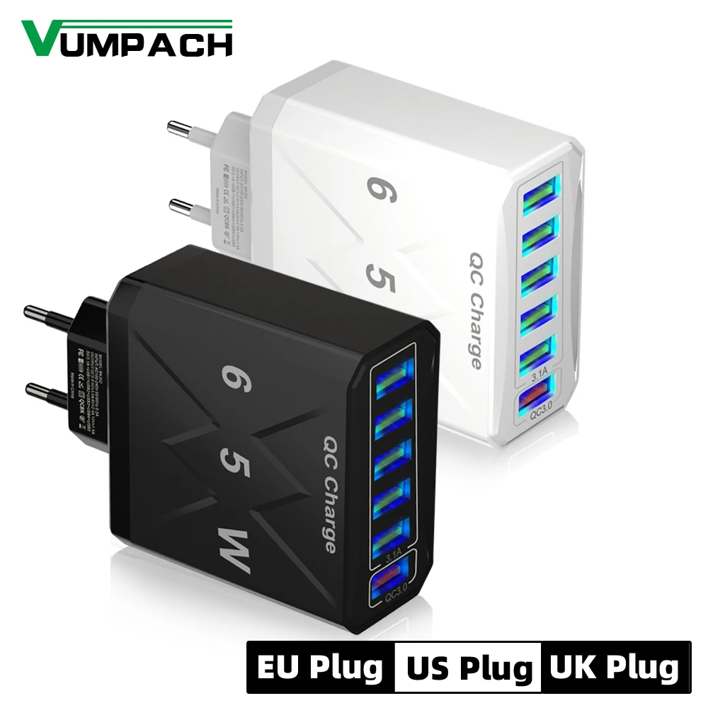 Cargador USB de 6 puertos de carga rápida, adaptador de teléfono móvil para iPhone 14, Samsung, Xiaomi, enchufe de la UE, KR, EE. UU., Reino Unido, 65W, QC3.0