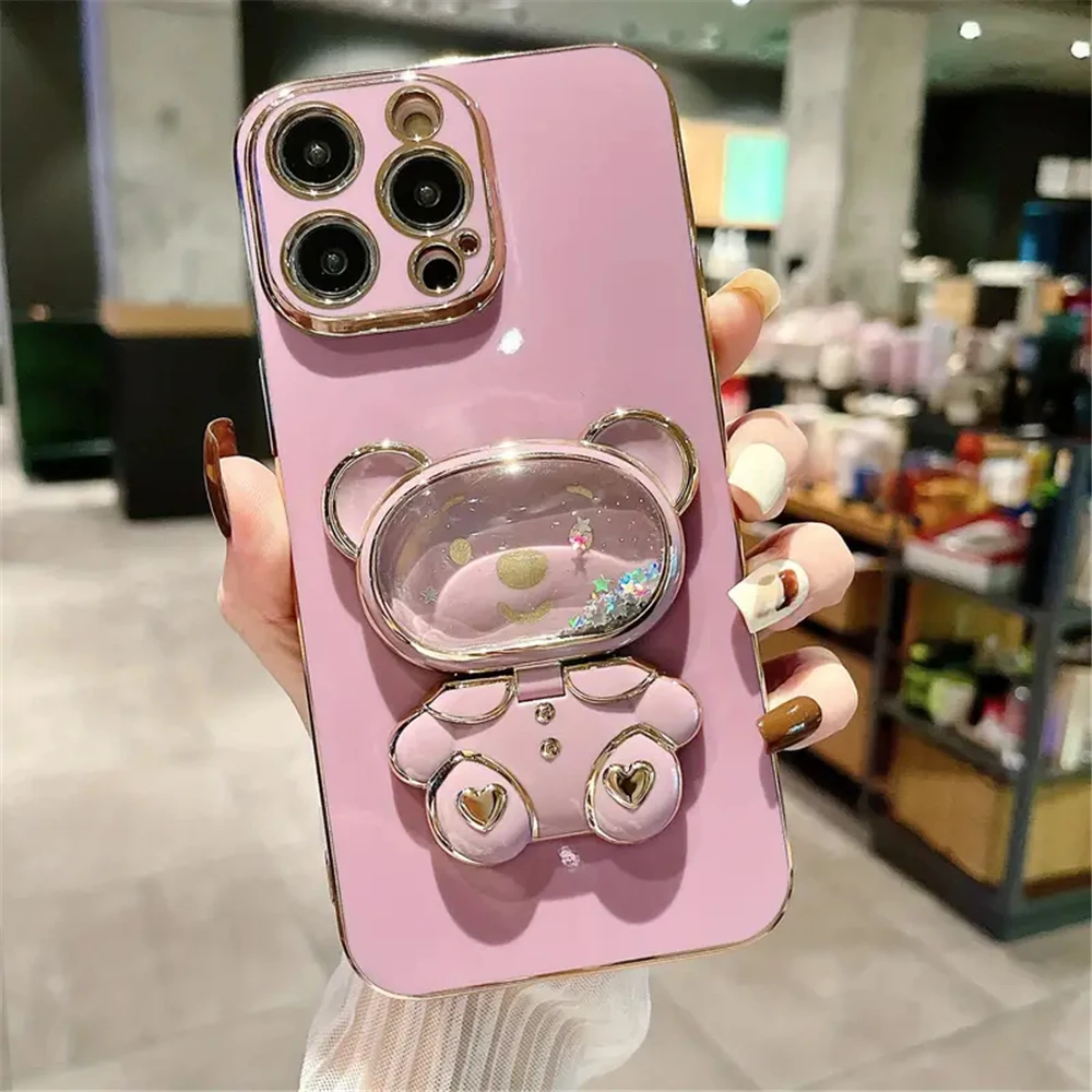 Funda con soporte plegable para iPhone, carcasa con espejo de oso bonito para modelos 11, 12, 13, 14, 15 Pro Max, XS Max, XR, 7, 8 Plus, con purpurina y arena movediza - imagen 5