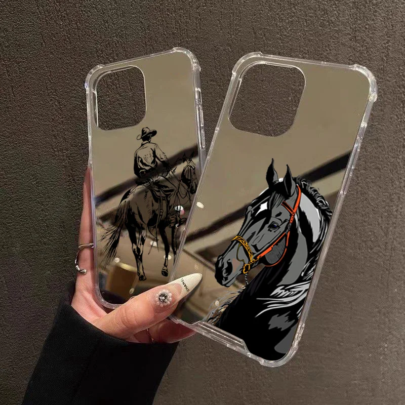 Funda de teléfono acrílica con diseño de caballo negro de lujo para iPhone 17 Pro Max 16 15 14 13 12 11 17Air XS X XR 7 8 Plus