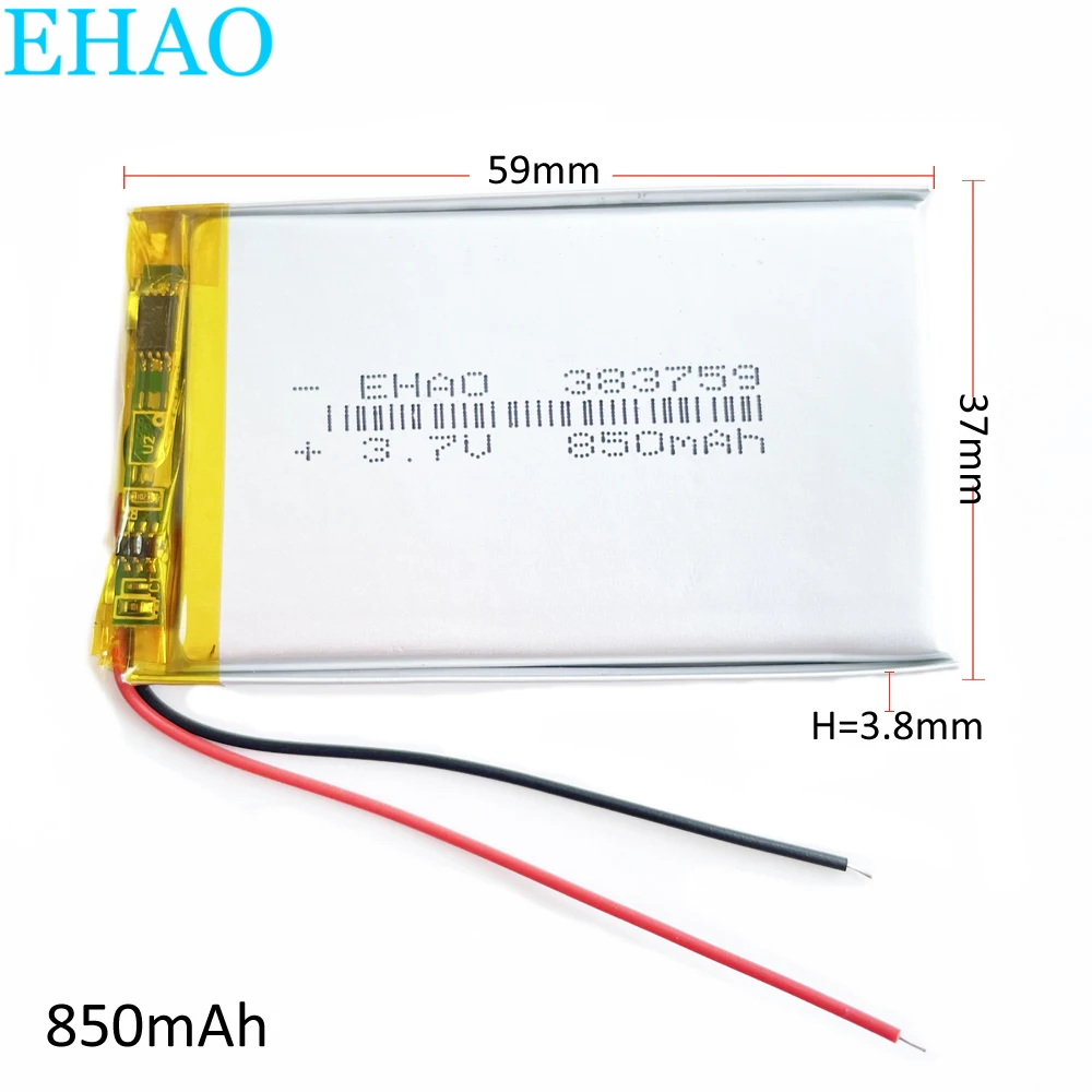Batería recargable LiPo de polímero de litio de 3,7 V, 850mAh, 383759 para Mp3, DVD, masajeador, grabadora de conducción Bluetooth, altavoz de cámara