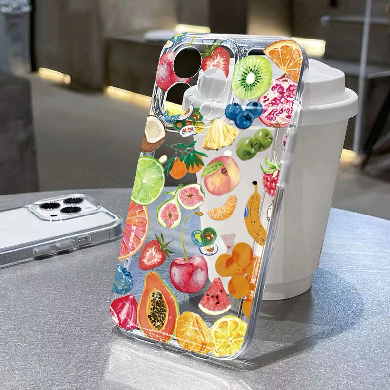 Funda de teléfono transparente con diseño de frutas de cobertura completa de TPU para iPhone 11 12 13 14 15 16 Pro Max XS X XR 7 8 Plus SE 2025 2020