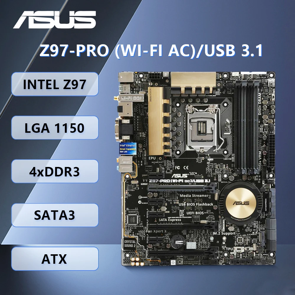 ASUS-placa base Z97-PRO (WI-FI AC)/USB 3,1, compatible con LGA 1150 Core i7/i5/i3, con chipset Intel Z97, DDR3, PCI-E 3,0, HDMI, ATX