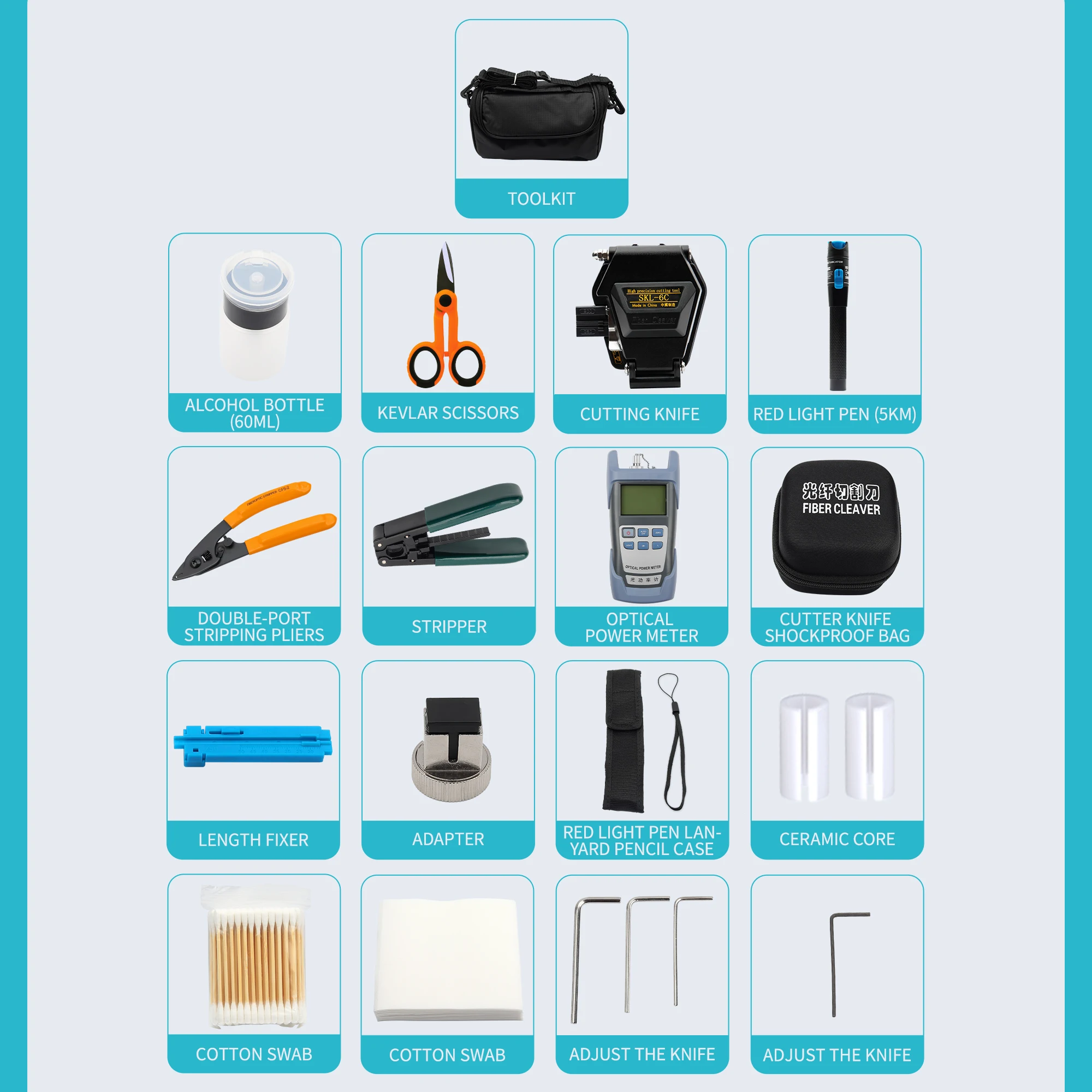 FTTH-Kit de herramientas de 18 piezas/juego de fusión en caliente con cuchilla de fibra de SKL-6C, medidor de potencia óptica de 5mW, localizador Visual de fallos, pelacables ópticos - imagen 2