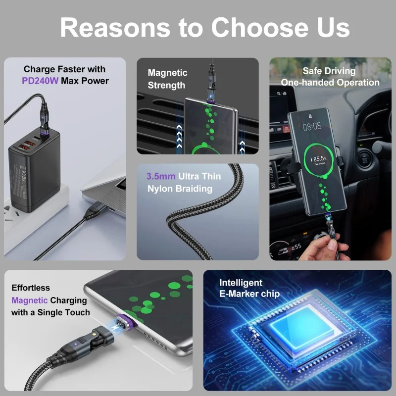 Cable USB tipo C magnético de 240W, Cable Micro tipo C de carga rápida 5A para Macbook, Samsung, Xiaomi, iPhone, Cable cargador magnético - imagen 4