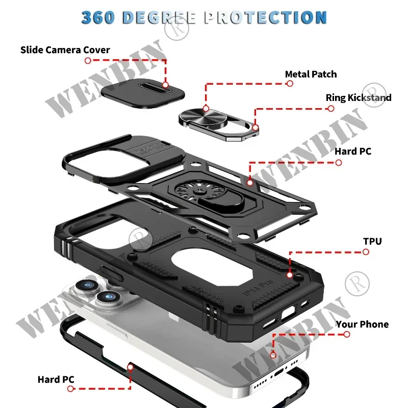 Case For iPhone 16 15 14 Pro Max 13 12 Pro Max XR Plus 360 Full Body Rugged Protective Slide Camera Stand Protection Ring Cover - imagen 5