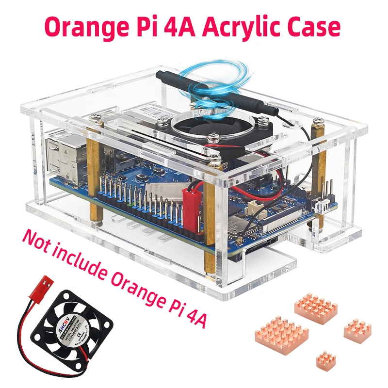 Caja acrílica para Orange Pi 4A, carcasa transparente, soporte, ventilador de refrigeración, disipadores de calor opcionales para OPI 4A (sin placa base)