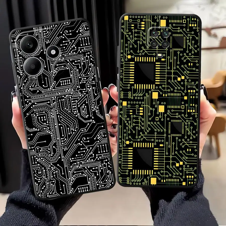 Black Soft Phone Cover Case for Xiaomi Redmi Note 12s 9S 7 8 13 14 Pro Plus 10S 9 10 11 12 Pro 11s Retro Circuit Lines