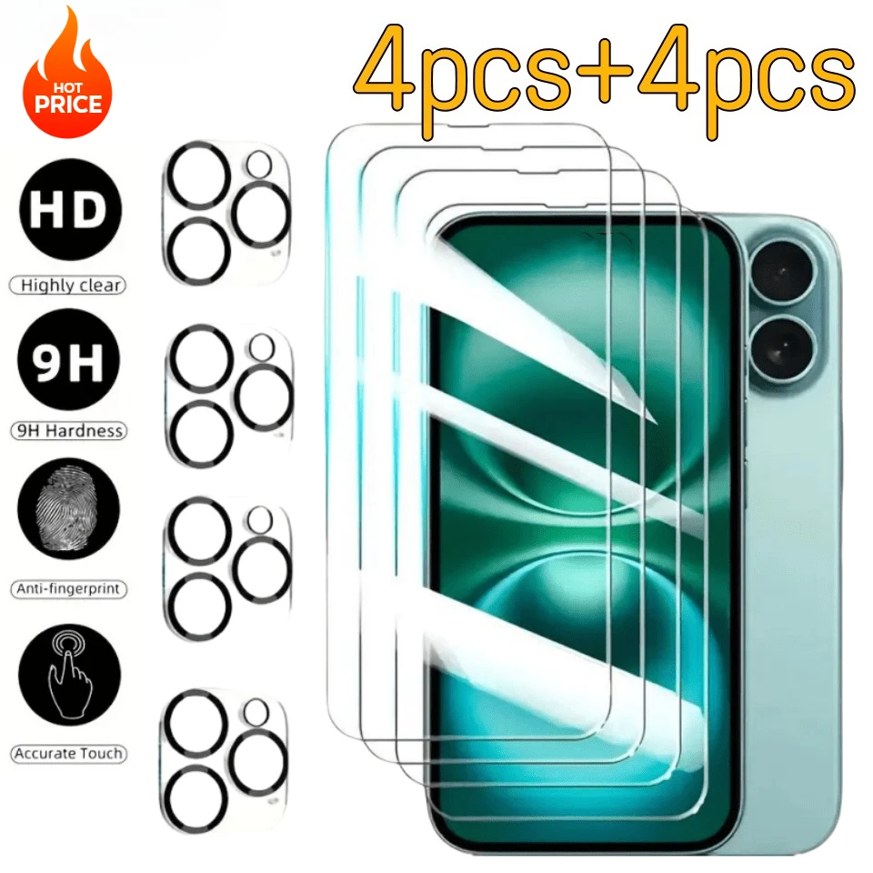 Protector de pantalla de vidrio templado HD 8 en 1 para iPhone 16 15 13 Pro Max 15 14 Plus lente de cámara de cristal para iPhone 16e 14 Pro 12 11