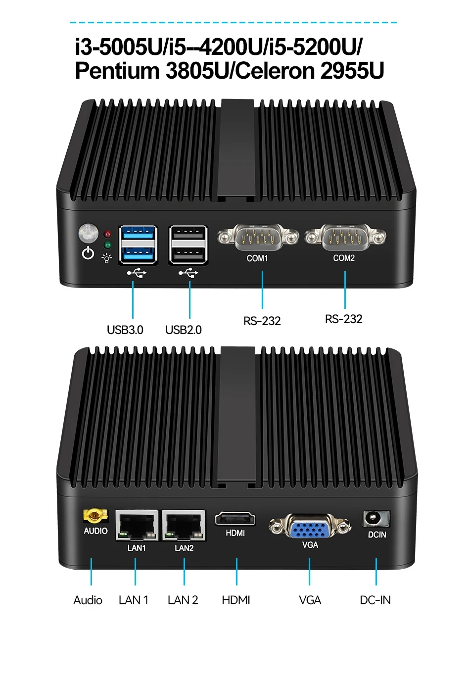 Mini PC sin ventilador Intel Celeron J6412 2xGigabit Ethernet 2x RS232/RS485 HDMI VGA Mini PCIE WiFi/4G 6x USB compatible con Windows Linux - imagen 4