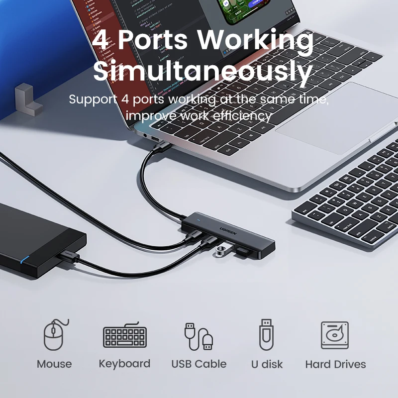 UGREEN-Hub USB 3,0 con 4 puertos, HUB delgado para ratón, teclado Compatible con MacBook Pro Air, ordenador portátil, PC de escritorio, Xbox, PS5, divisor - imagen 2