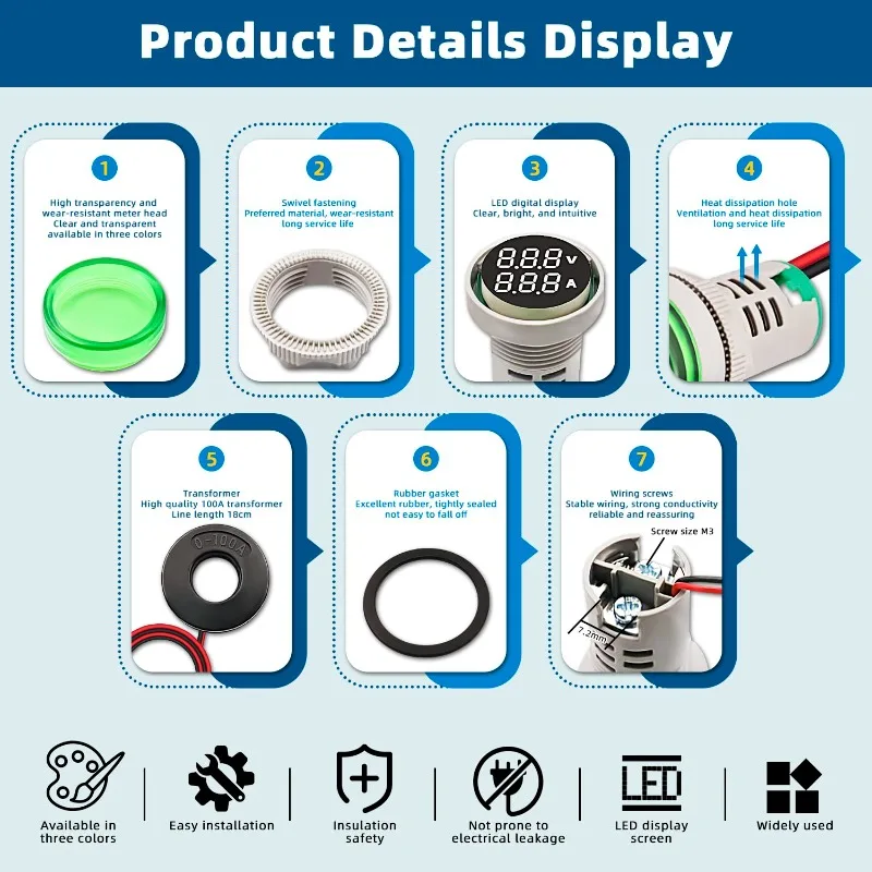 3 uds AC voltímetro amperímetro voltaje Monitor de corriente pantalla LED Digital voltímetro Detector verde azul indicador de señal Panel de luz - imagen 4