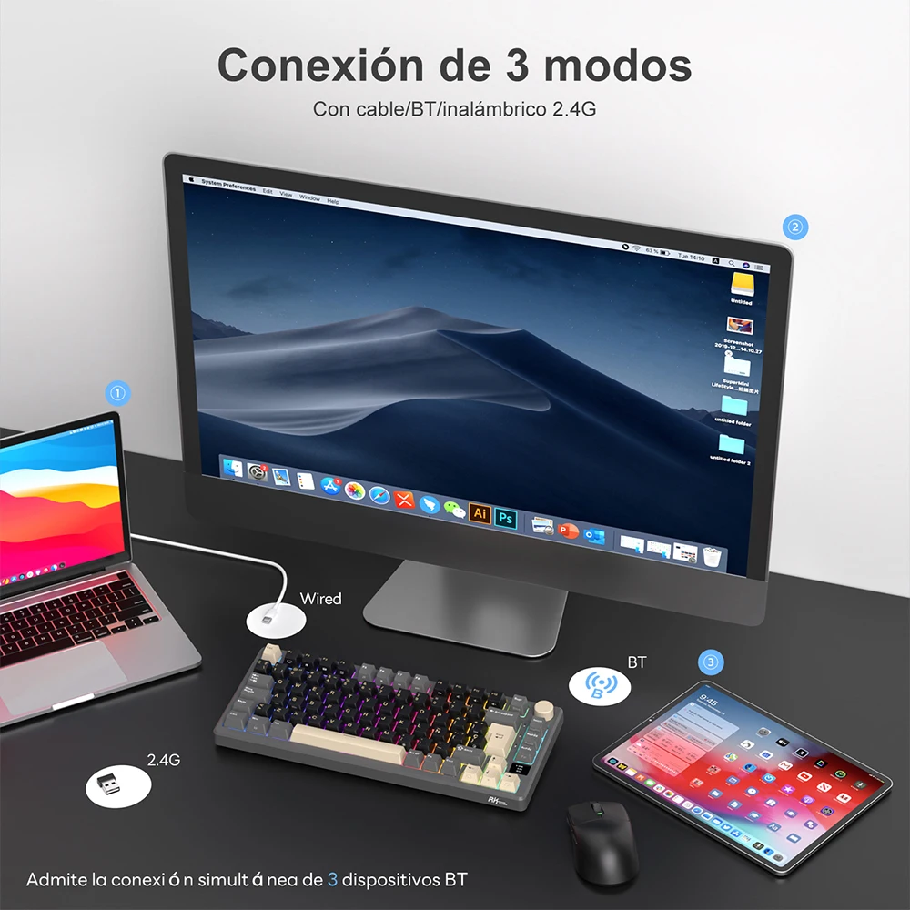 RK ROYAL KLUDGE M75 Teclado mecánico español 81 teclas RGB retroiluminado 2,4G inalámbrico/Bluetooth/USB-C Teclado para juegos con junta intercambiable en caliente con pantalla - imagen 3