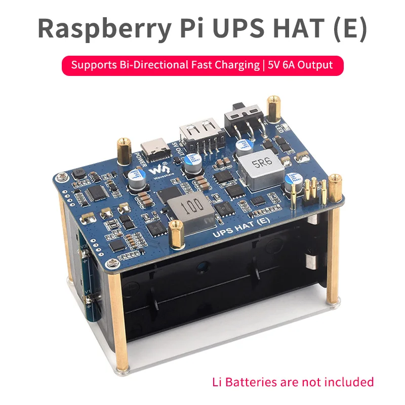 Raspberry Pi 5 UPS HAT (E) 5V 6A Fuente de alimentación ininterrumpida compatible con baterías de 4x21700 Li (no incluidas) Conector de pines Pogo