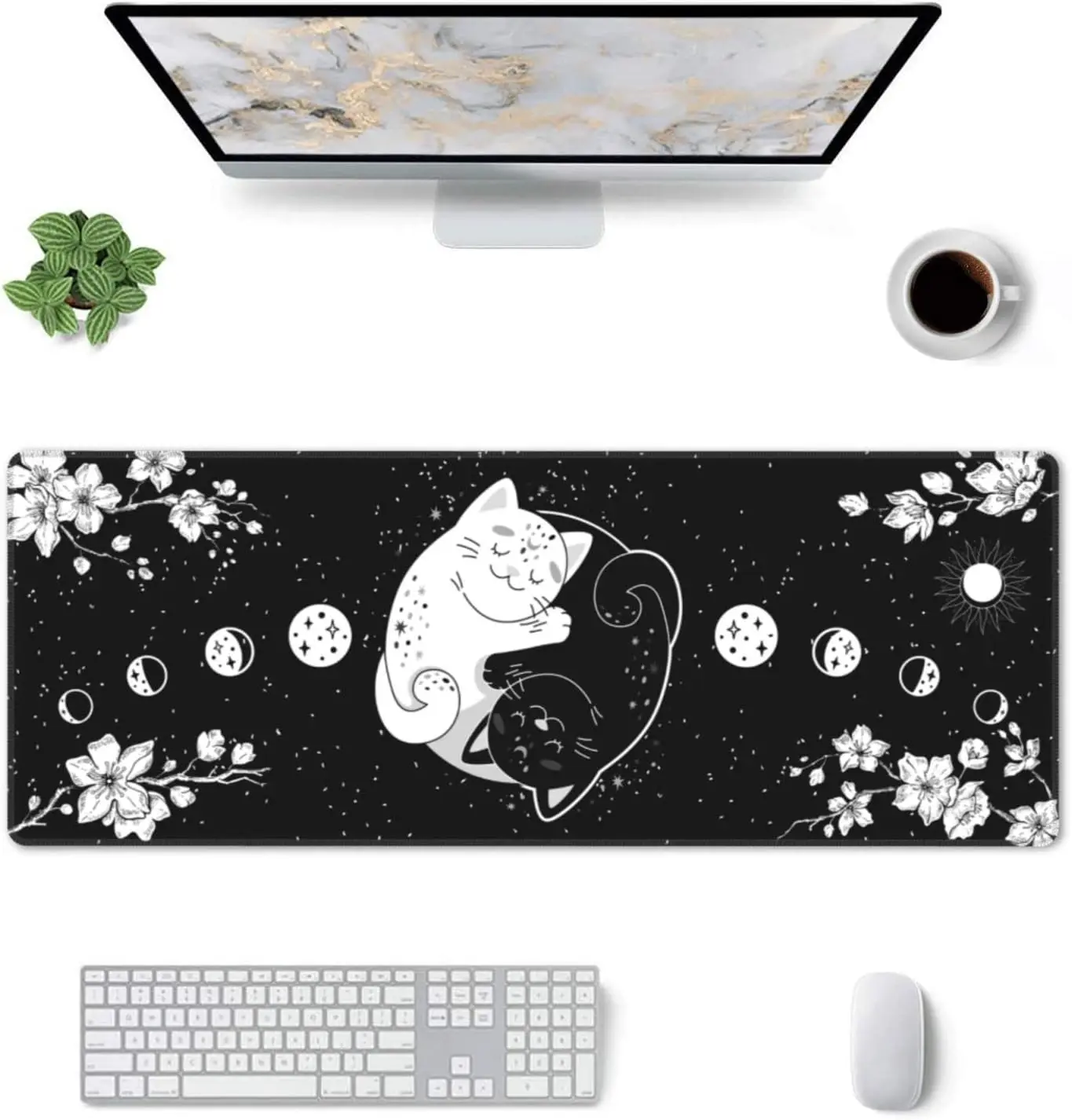 Alfombrilla de ratón Yin Yang Cat Moon Phases, alfombrilla antideslizante de gran tamaño, extendida XL, para escritorio de oficina y juegos con bordes cosidos, nuevo producto 2024