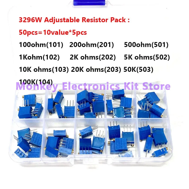 50 unids/lote resistencia Variable 3296 de alta precisión con caja gratis kit electrónico diy 3296W Kit de potenciómetro recortador multivuelta - imagen 4