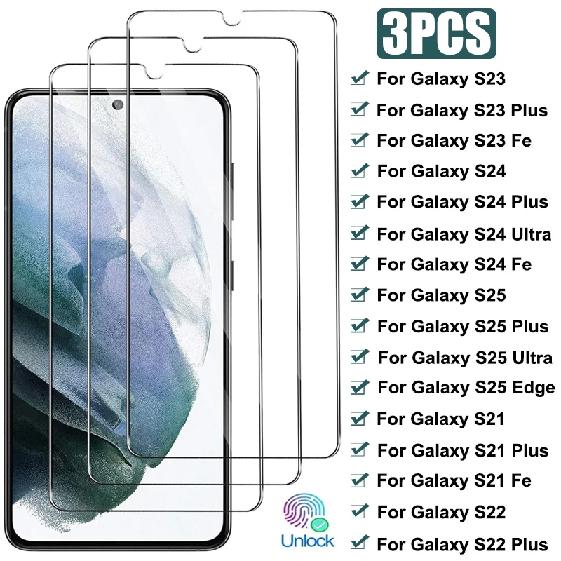 3 uds cubierta completa de vidrio para Samsung Galaxy S21 S22 S23 Plus S21 Fe Protector de pantalla para Samsung S24 S25 Ultra Edge vidrio templado