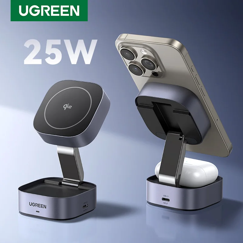 UGREEN Qi2 15W soporte de cargador inalámbrico magnético soporte de carga 2 en 1 para iPhone 16 17 Pro Max/AirPods para cargador rápido MagSafe