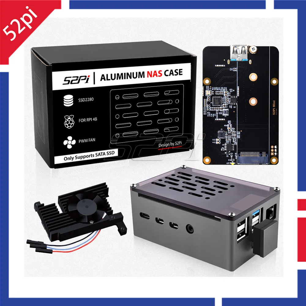 Caja de ladrillo de aluminio de 52Pi, carcasa de cierre negra con velocidad ajustable, ventilador de refrigeración silencioso 3510 y SSD M.2 Sata para RPI 4B