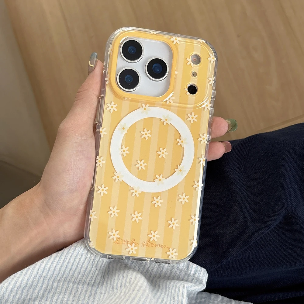 Preciosa funda de teléfono Tok con agarre magnético y rayas de flores para iPhone 17 16 15 14 Pro Max carga inalámbrica para funda trasera con soporte Magsafe - imagen 3