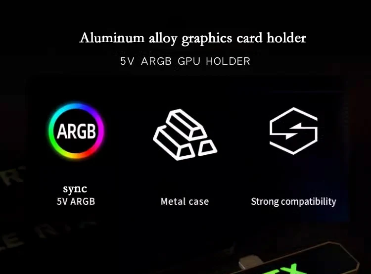 Se muestra un soporte de tarjeta gráfica con un logotipo de color arco iris