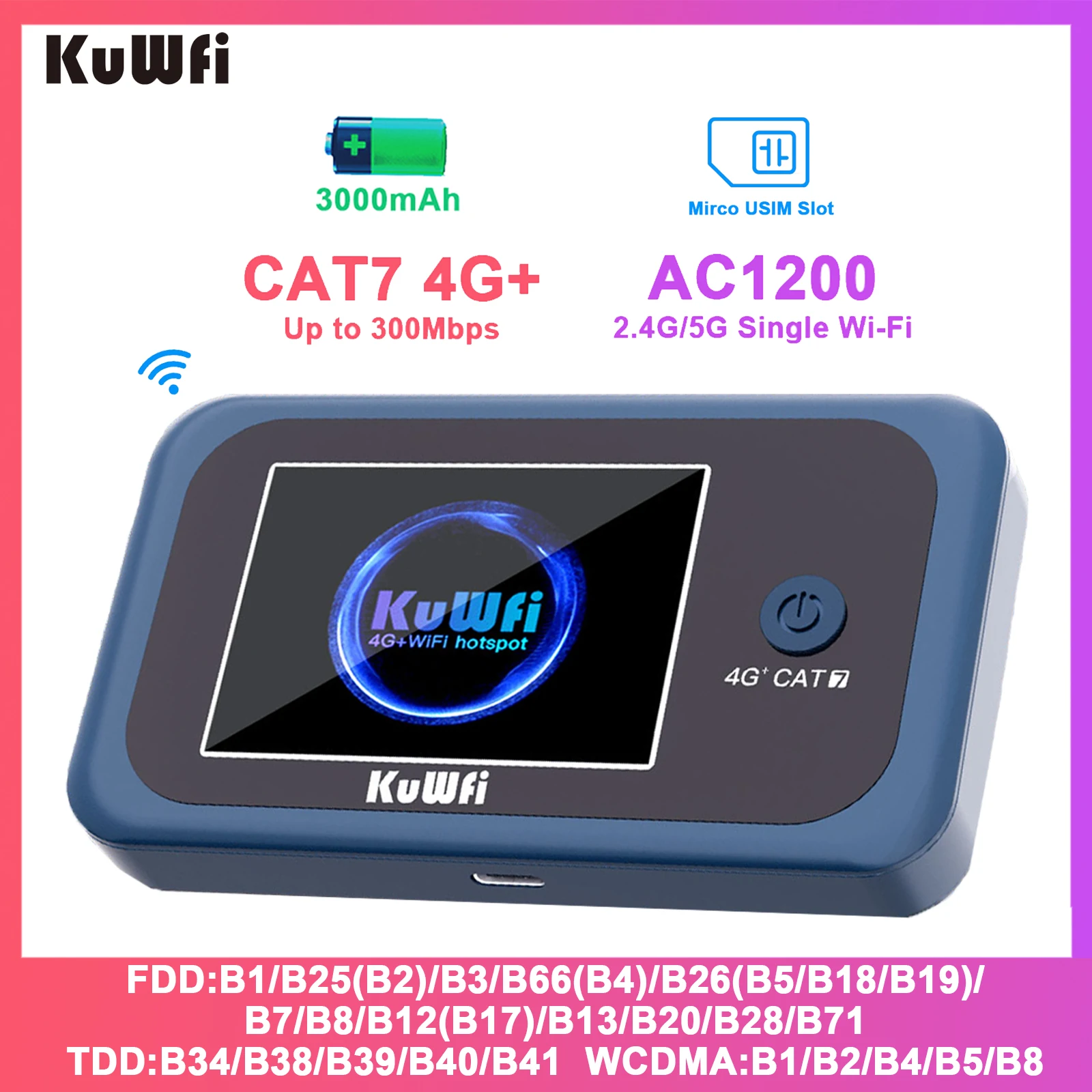 KuWFi CAT7 4G + LTE Router 1200Mbps 2,4G 5G WiFi único portátil viaje 4G módem móvil batería de 3000mAh 10 usuarios con ranura USIM