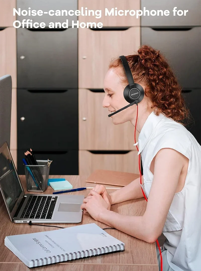 HROEENOI Centro de llamadas Auriculares con cancelación de ruido de voz clara con micrófono para PC portátil Auriculares con cable para el trabajo, reuniones de equipos WRHW05 - imagen 3