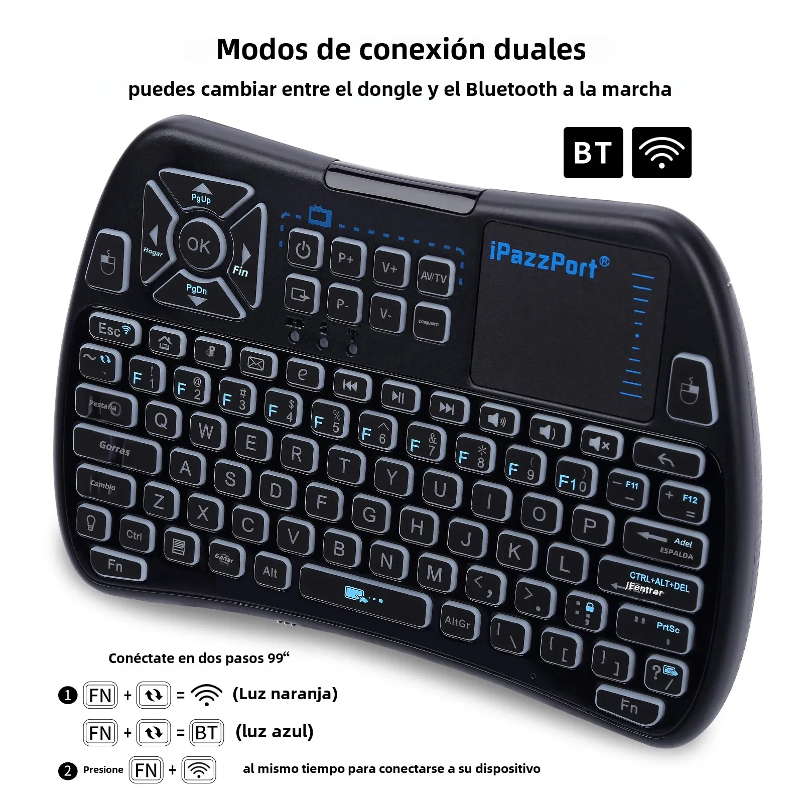 Mini teclado retroiluminado iPazzPort con panel táctil, modo Bluetooth y 2,4 GHz, control remoto IR, RGB recargable para Smart TV/Android/PS4/PC - imagen 2