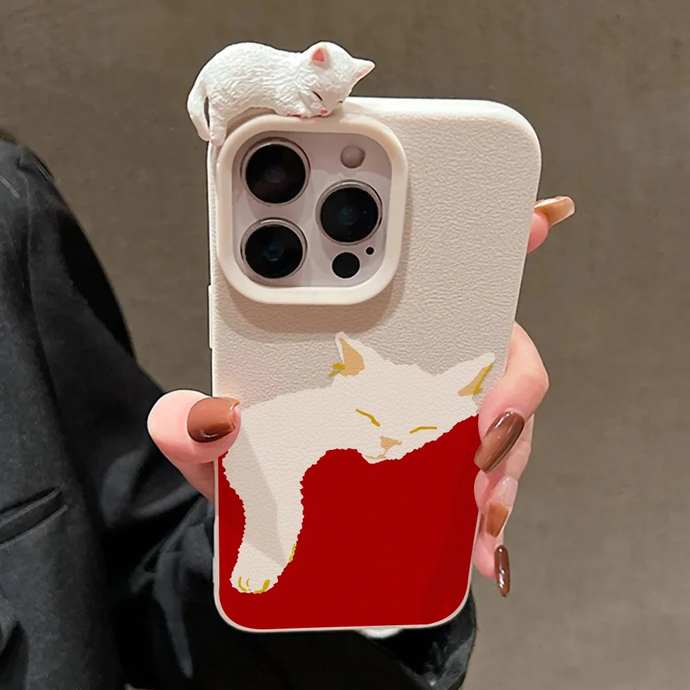 Funda de teléfono de cuero suave con bonito gato para iPhone 17 13 11 16 15 Pro Max 14 Plus 12 17 Air 17promax 16promax Funda a prueba de golpes - imagen 2